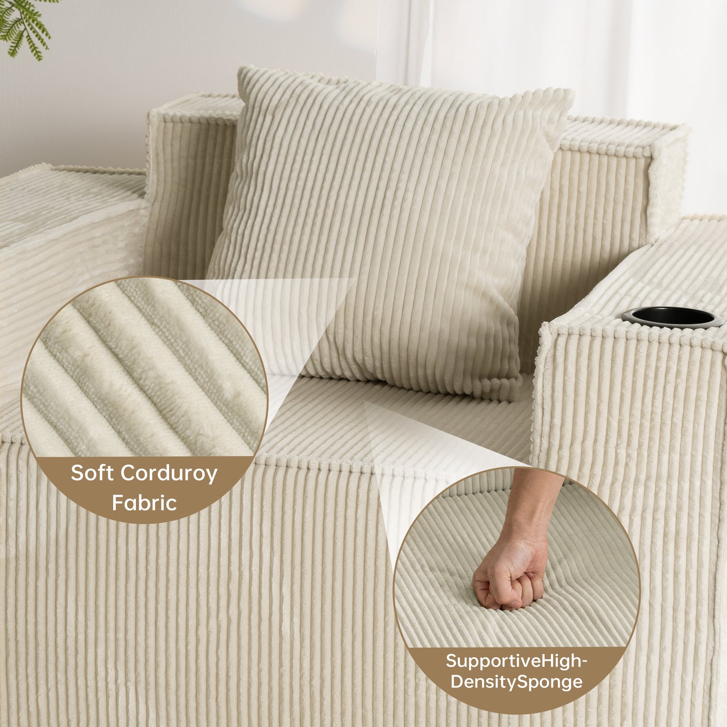 Beige Soft Corduroy Single Armchair – Self-Expanding, Lumbar Support, Living Room Relaxation