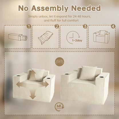 Beige Soft Corduroy Single Armchair – Self-Expanding, Lumbar Support, Living Room Relaxation