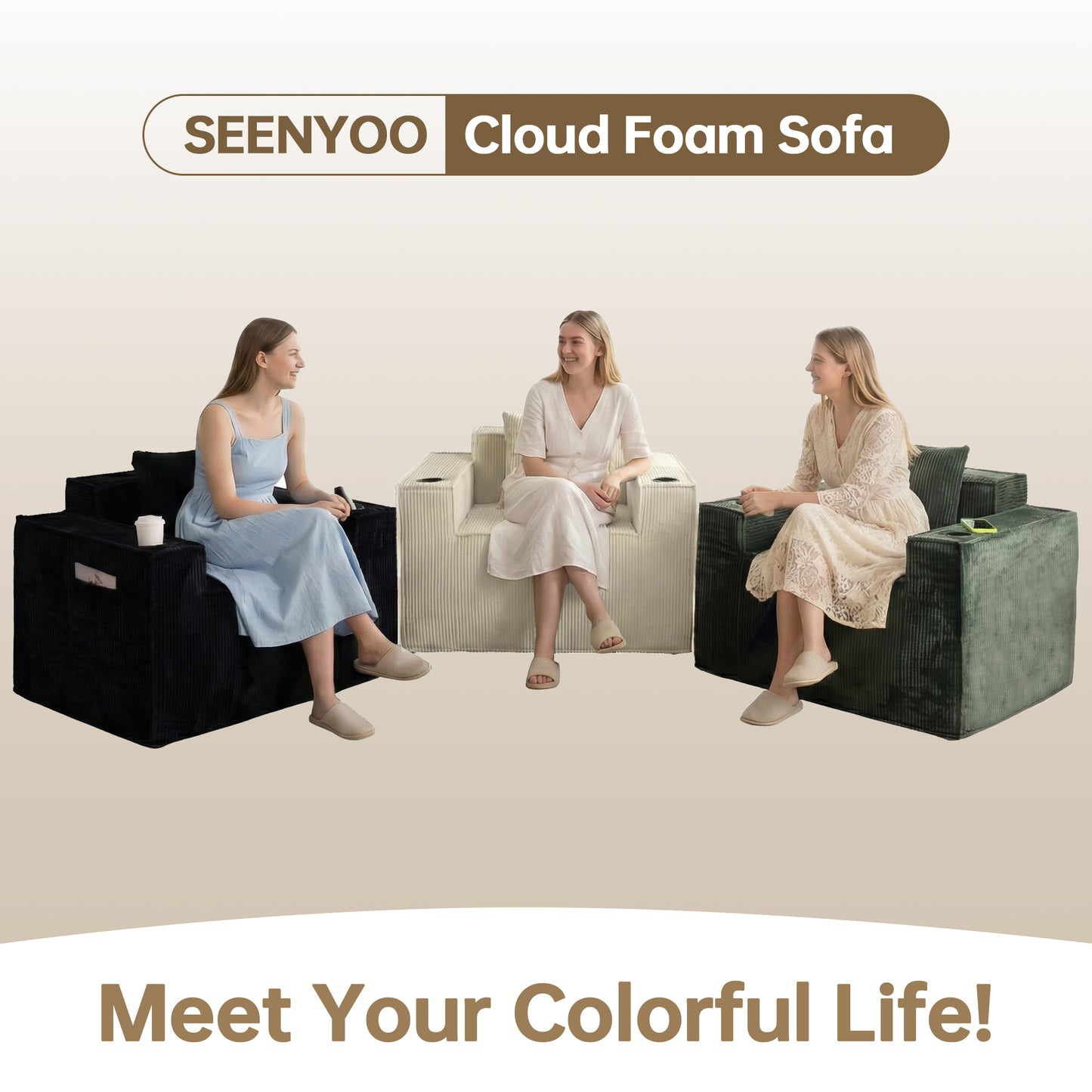Beige Soft Corduroy Single Armchair – Self-Expanding, Lumbar Support, Living Room Relaxation