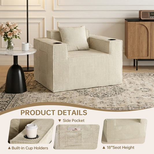 Beige Soft Corduroy Single Armchair – Self-Expanding, Lumbar Support, Living Room Relaxation