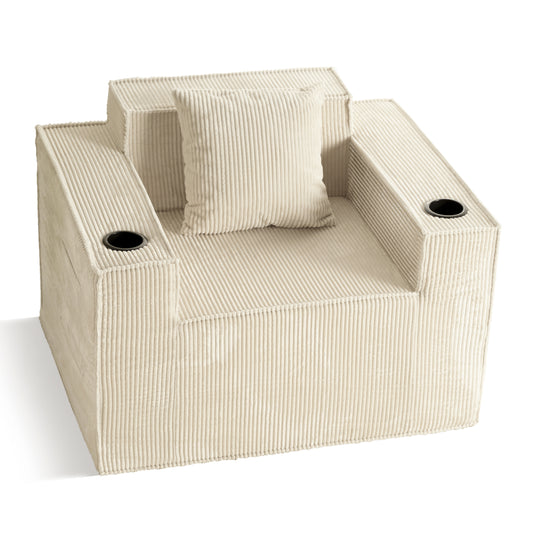 Beige Soft Corduroy Single Armchair – Self-Expanding, Lumbar Support, Living Room Relaxation