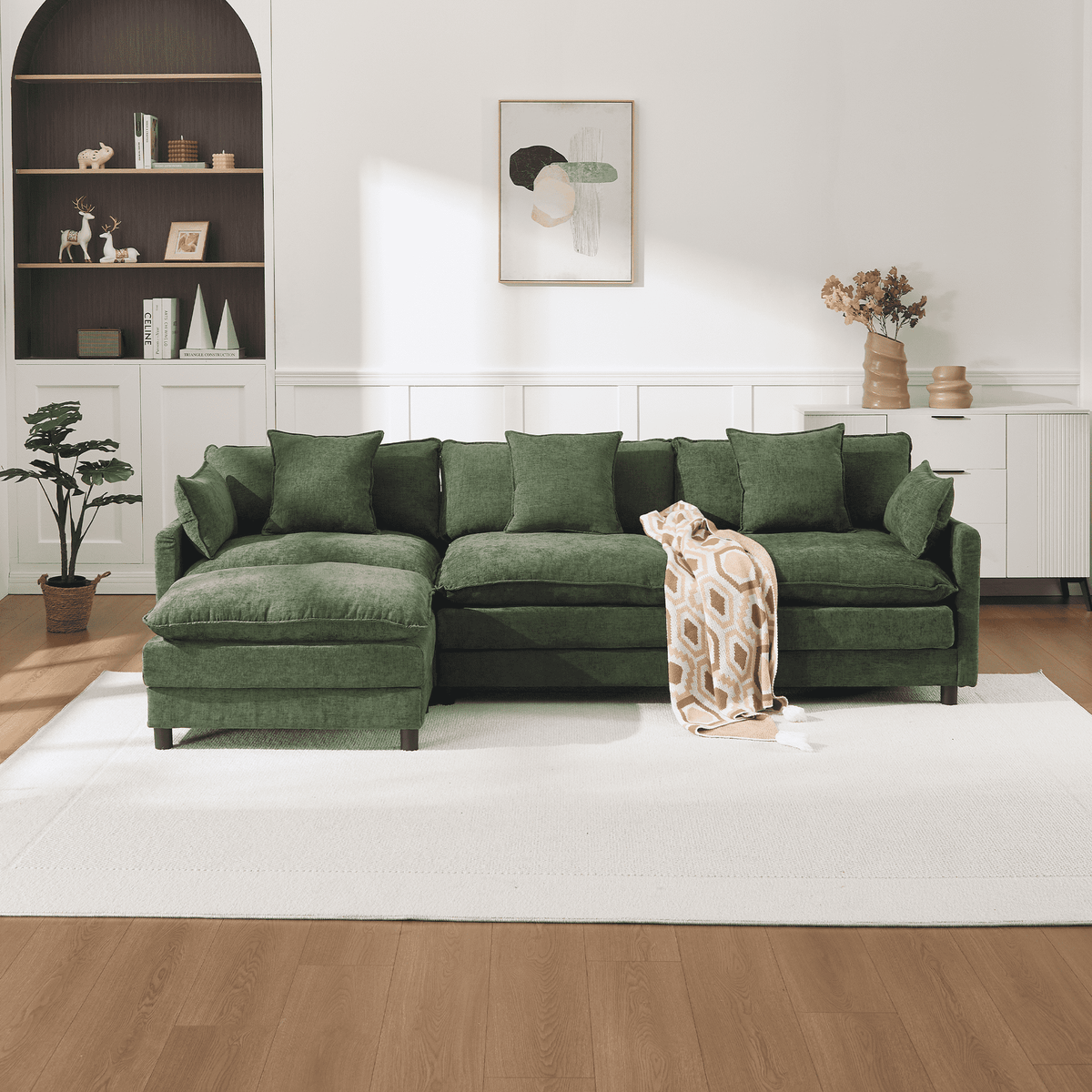108" 4-Seater L-Shaped Modular Chenille Sofa with Ottoman, Deep Seat Cloud Couch