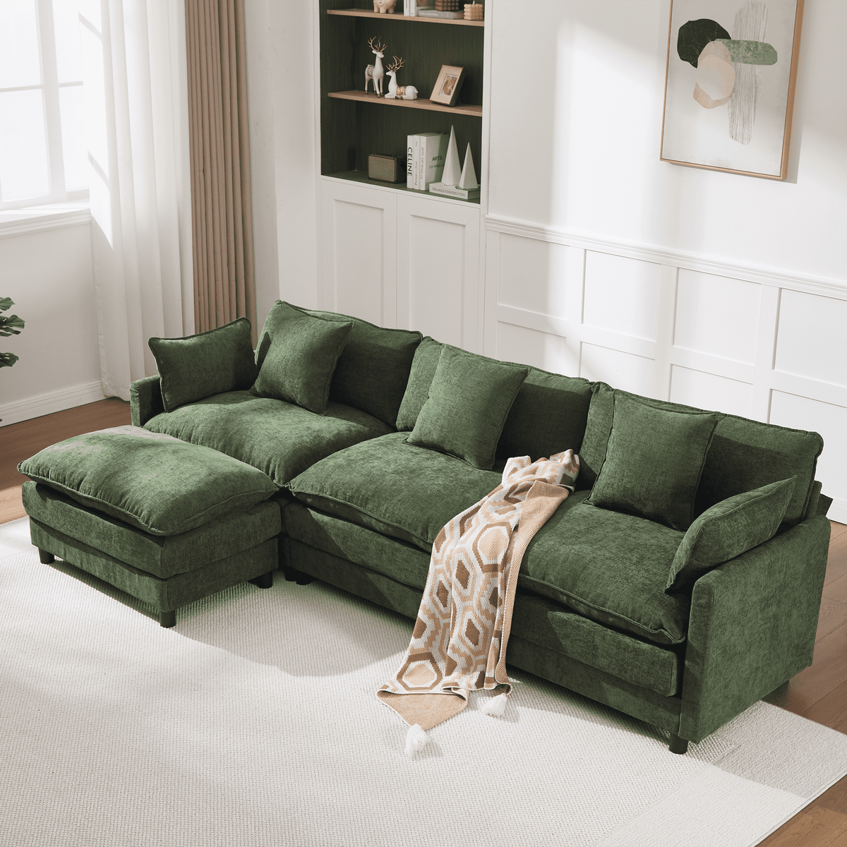 108" 4-Seater L-Shaped Modular Chenille Sofa with Ottoman, Deep Seat Cloud Couch