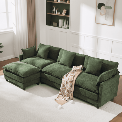 108" 4-Seater L-Shaped Modular Chenille Sofa with Ottoman, Deep Seat Cloud Couch