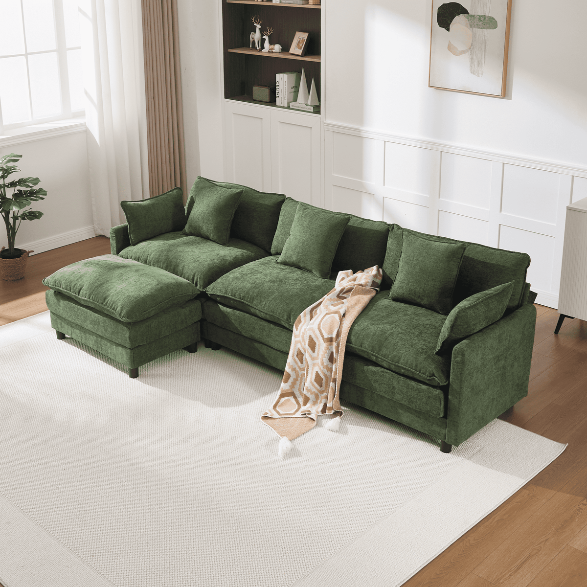 108" 4-Seater L-Shaped Modular Chenille Sofa with Ottoman, Deep Seat Cloud Couch