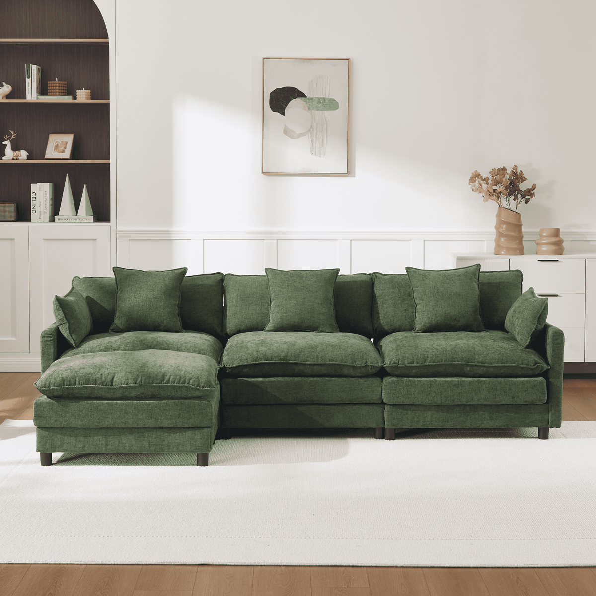 108" 4-Seater L-Shaped Modular Chenille Sofa with Ottoman, Deep Seat Cloud Couch