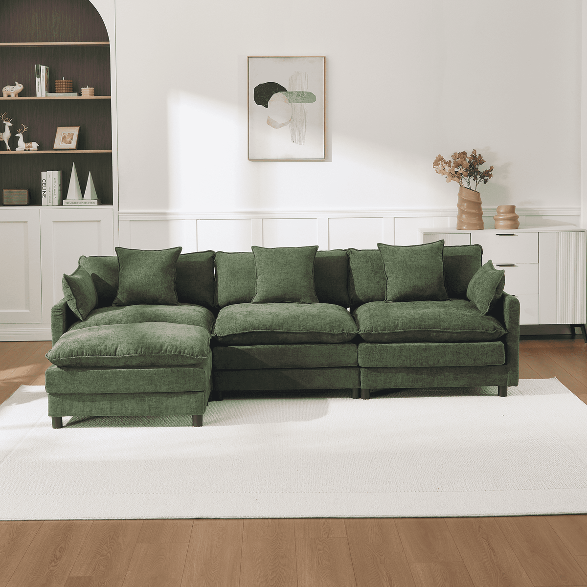 108" 4-Seater L-Shaped Modular Chenille Sofa with Ottoman, Deep Seat Cloud Couch