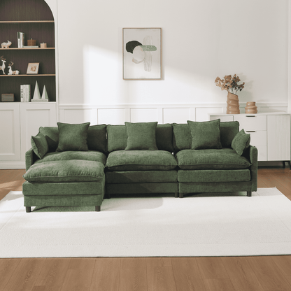 108" 4-Seater L-Shaped Modular Chenille Sofa with Ottoman, Deep Seat Cloud Couch