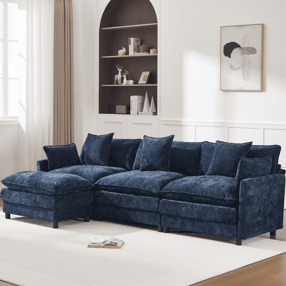 108" 4-Seater L-Shaped Modular Chenille Sofa with Ottoman, Deep Seat Cloud Couch