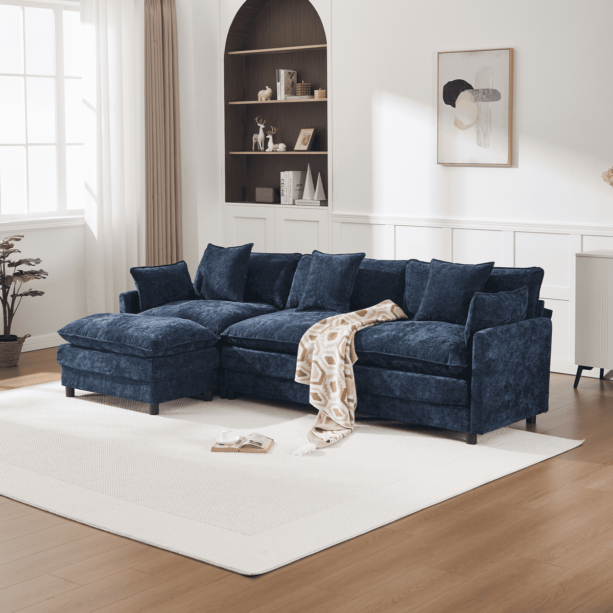 108" 4-Seater L-Shaped Modular Chenille Sofa with Ottoman, Deep Seat Cloud Couch