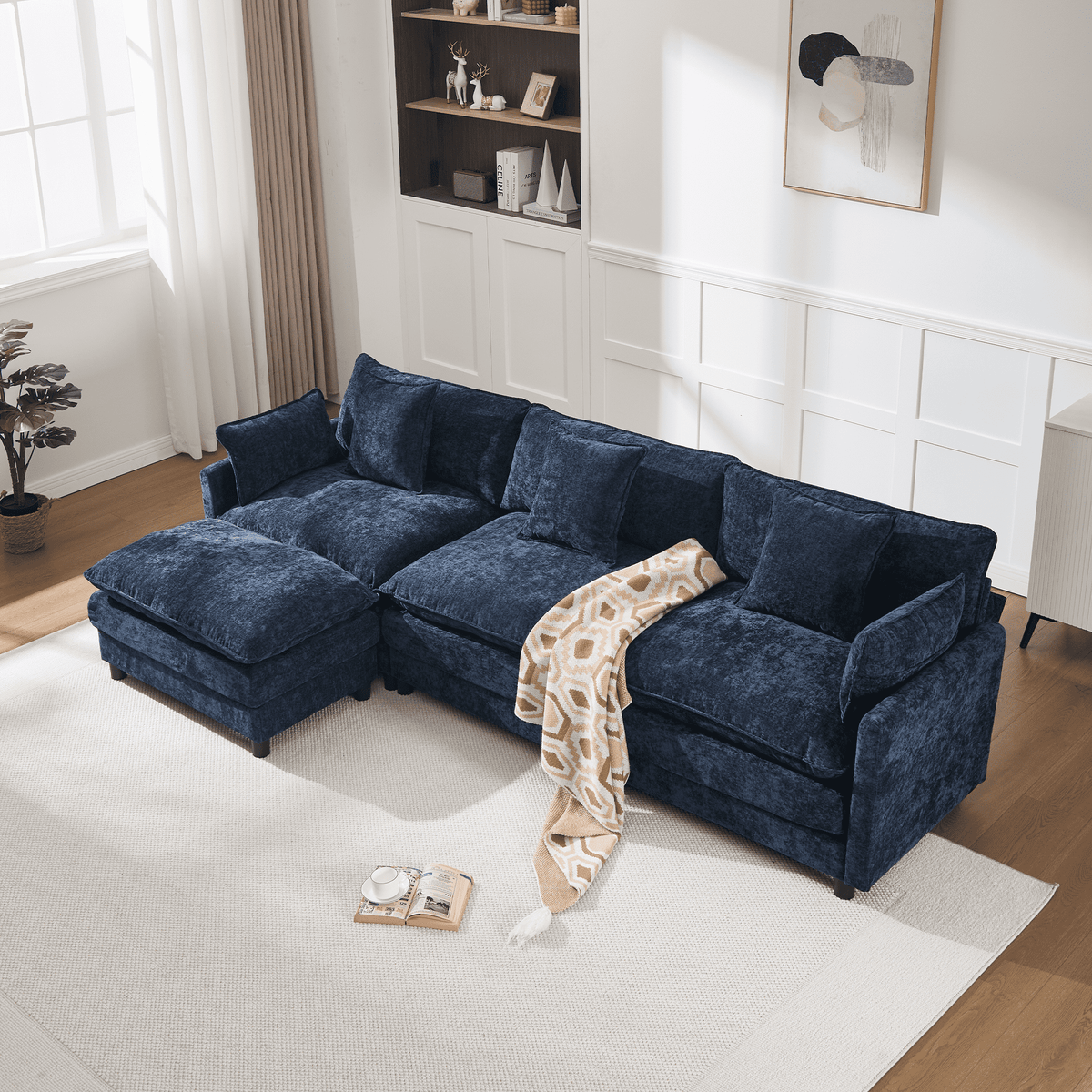 108" 4-Seater L-Shaped Modular Chenille Sofa with Ottoman, Deep Seat Cloud Couch