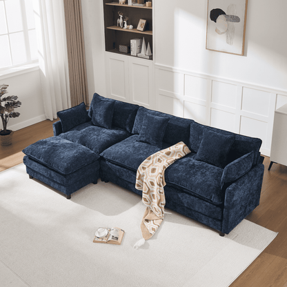 108" 4-Seater L-Shaped Modular Chenille Sofa with Ottoman, Deep Seat Cloud Couch