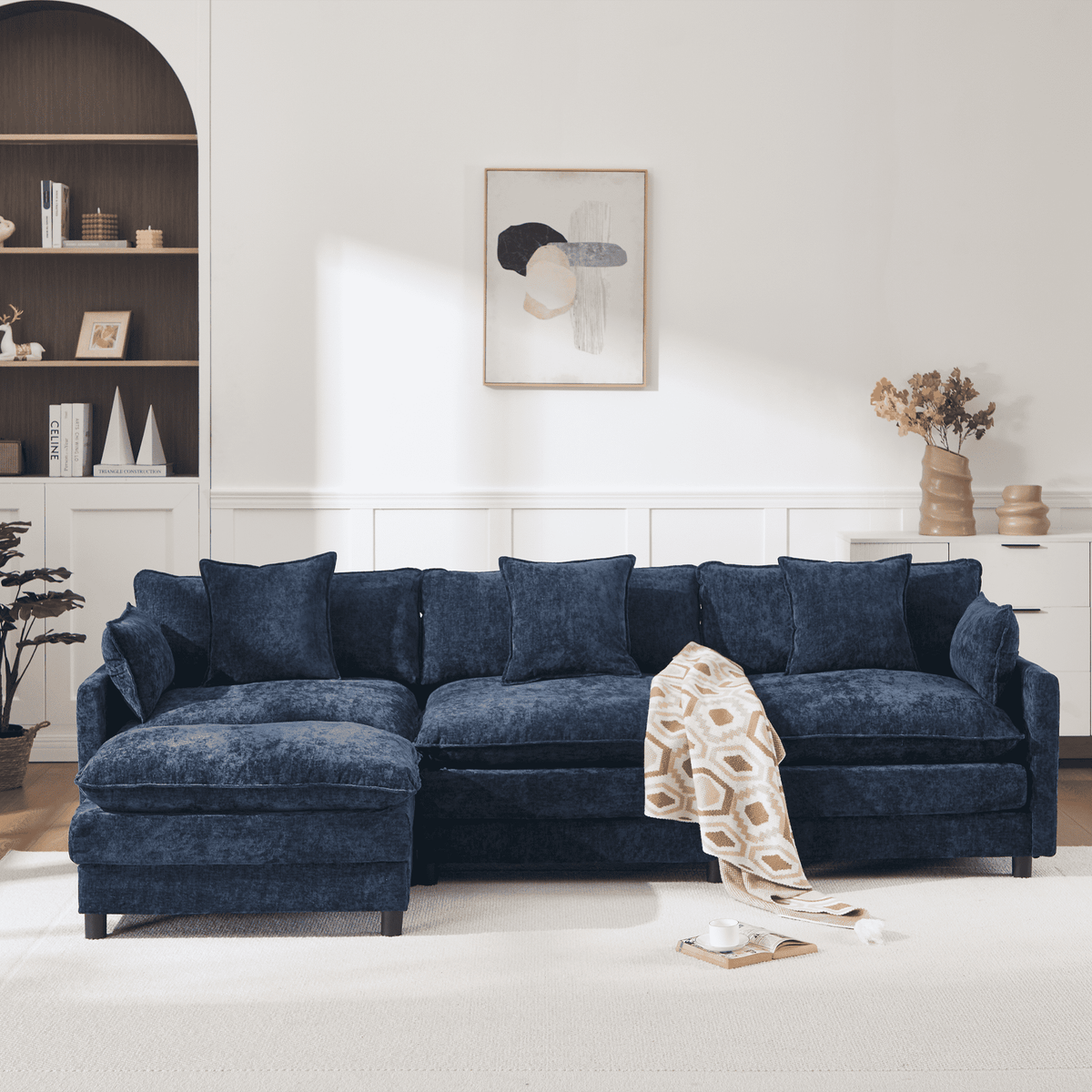 108" 4-Seater L-Shaped Modular Chenille Sofa with Ottoman, Deep Seat Cloud Couch