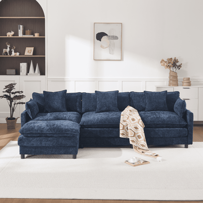108" 4-Seater L-Shaped Modular Chenille Sofa with Ottoman, Deep Seat Cloud Couch