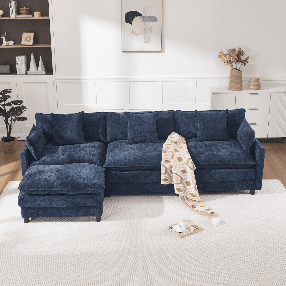 108" 4-Seater L-Shaped Modular Chenille Sofa with Ottoman, Deep Seat Cloud Couch