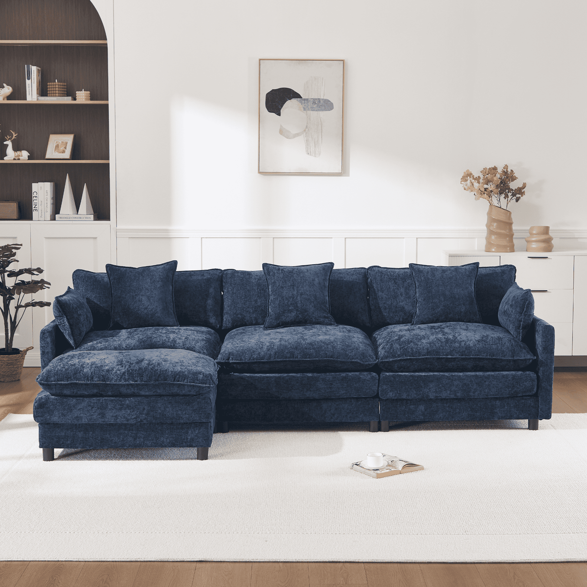 108" 4-Seater L-Shaped Modular Chenille Sofa with Ottoman, Deep Seat Cloud Couch