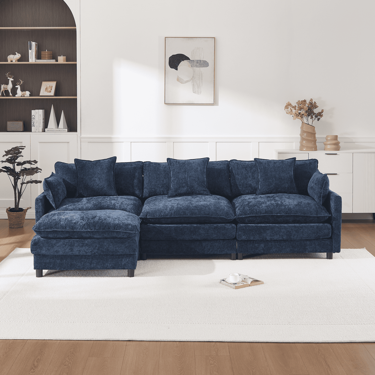 108" 4-Seater L-Shaped Modular Chenille Sofa with Ottoman, Deep Seat Cloud Couch