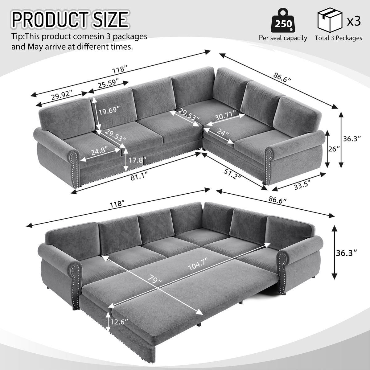 L-Shaped Chenille Sectional Sofa with Pull-Out Bed & Rolled Arm
