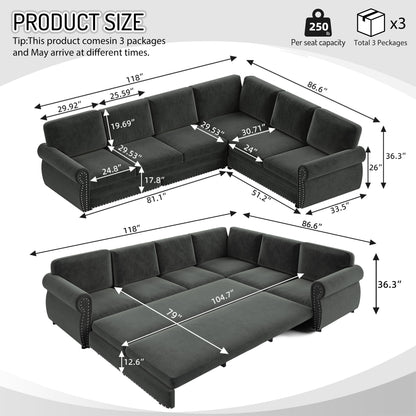 L-Shaped Chenille Sectional Sofa with Pull-Out Bed & Rolled Arm