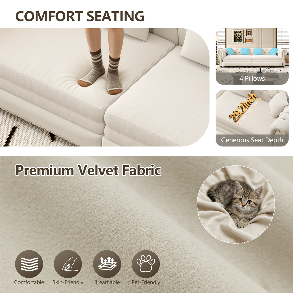 89" 3-Seater Velvet Chesterfield Sofa Bed with Movable Ottoman