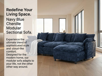 108" 4-Seater L-Shaped Modular Chenille Sofa with Ottoman, Deep Seat Cloud Couch