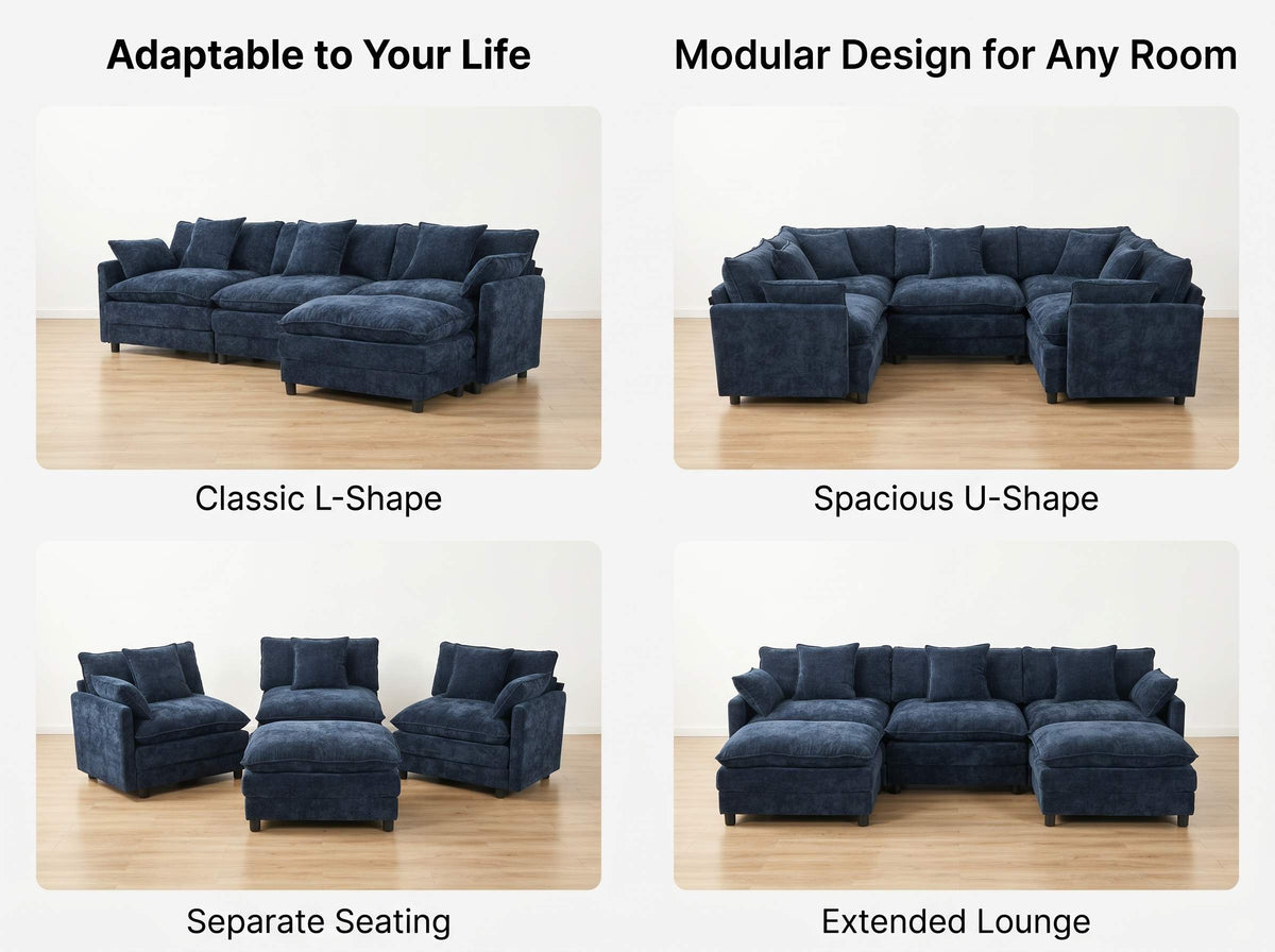 108" 4-Seater L-Shaped Modular Chenille Sofa with Ottoman, Deep Seat Cloud Couch