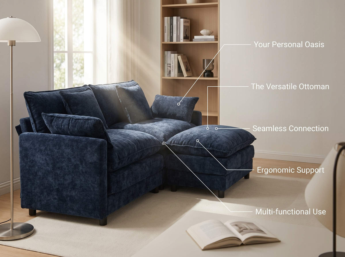 108" 4-Seater L-Shaped Modular Chenille Sofa with Ottoman, Deep Seat Cloud Couch