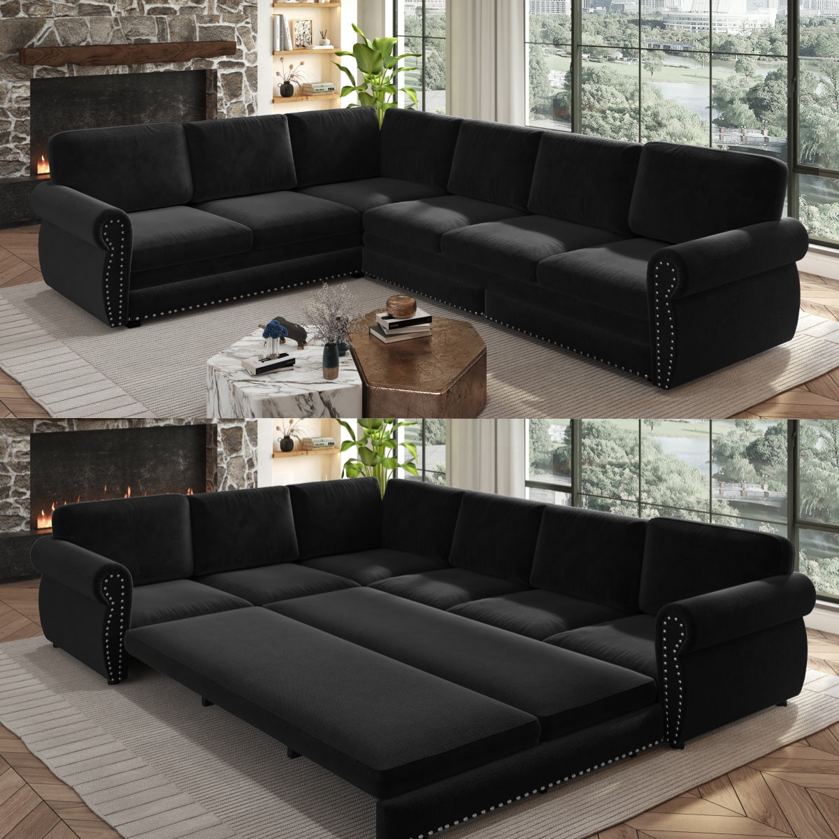 118" Oversized Convertible Sleeper Sofa with Nailhead Trim, L-Shaped Couch