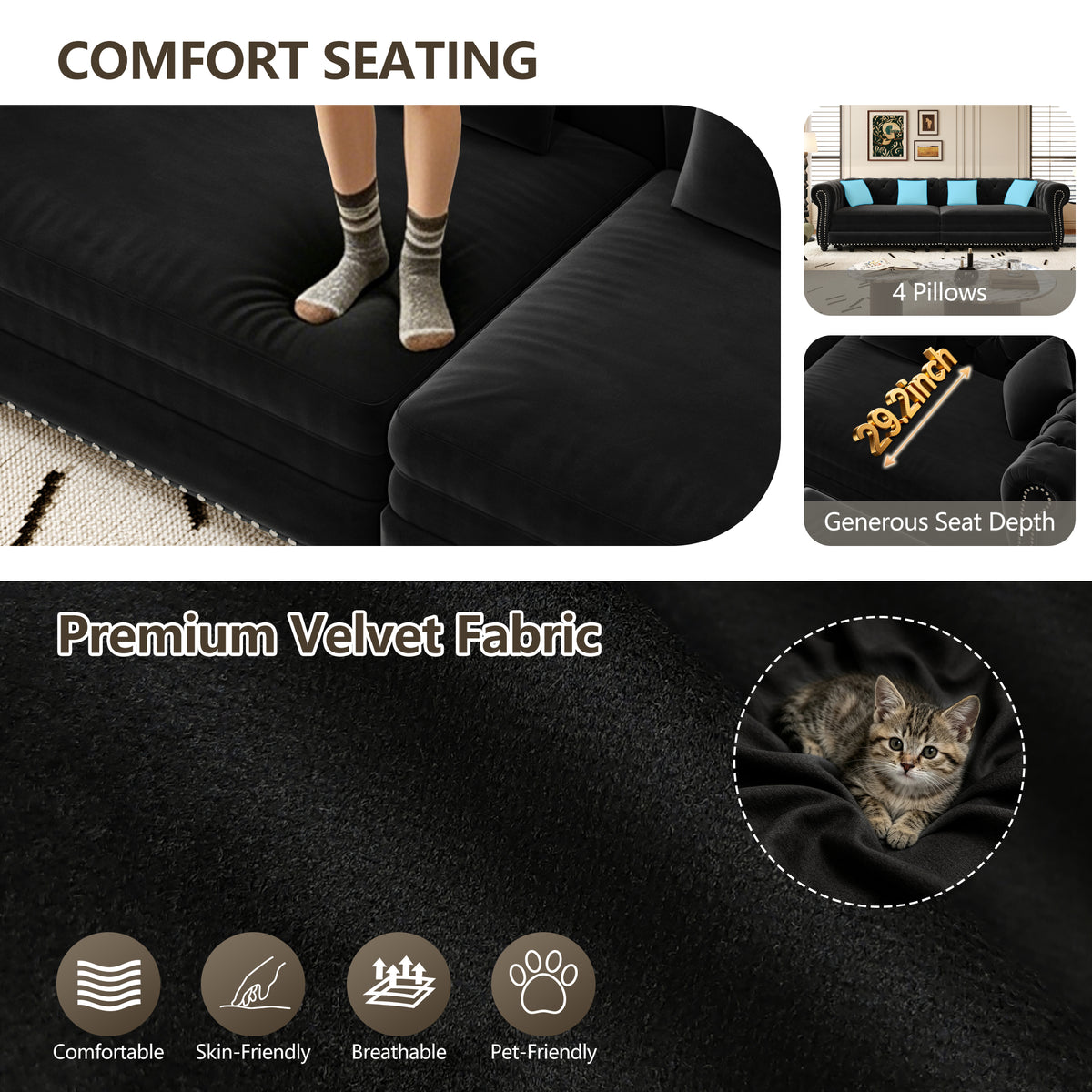 89" 3-Seater Velvet Chesterfield Sofa Bed with Movable Ottoman