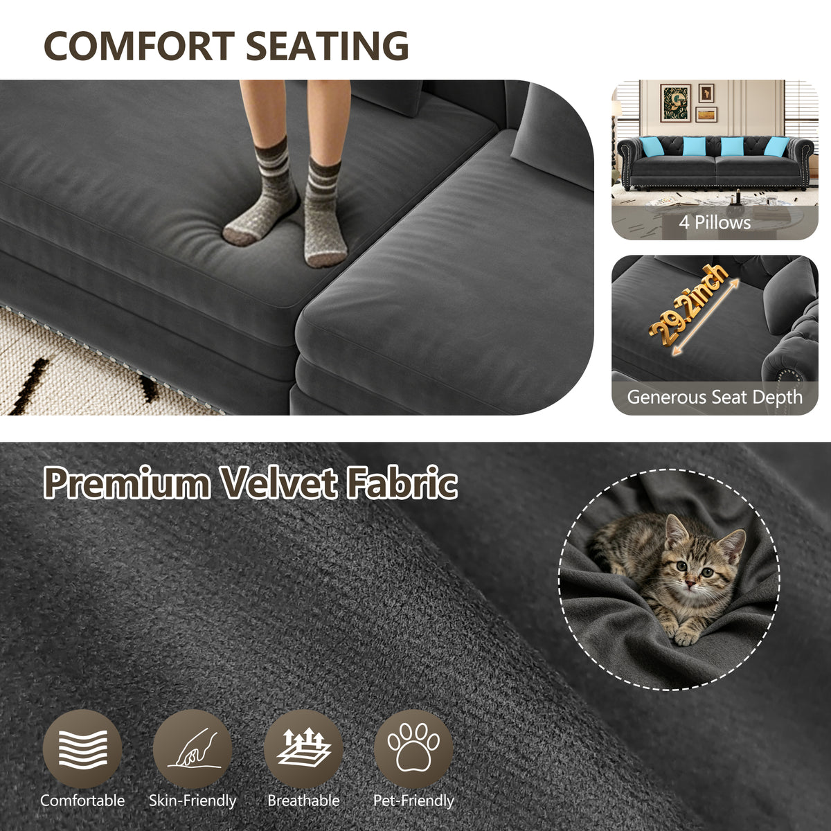 89" 3-Seater Velvet Chesterfield Sofa Bed with Movable Ottoman