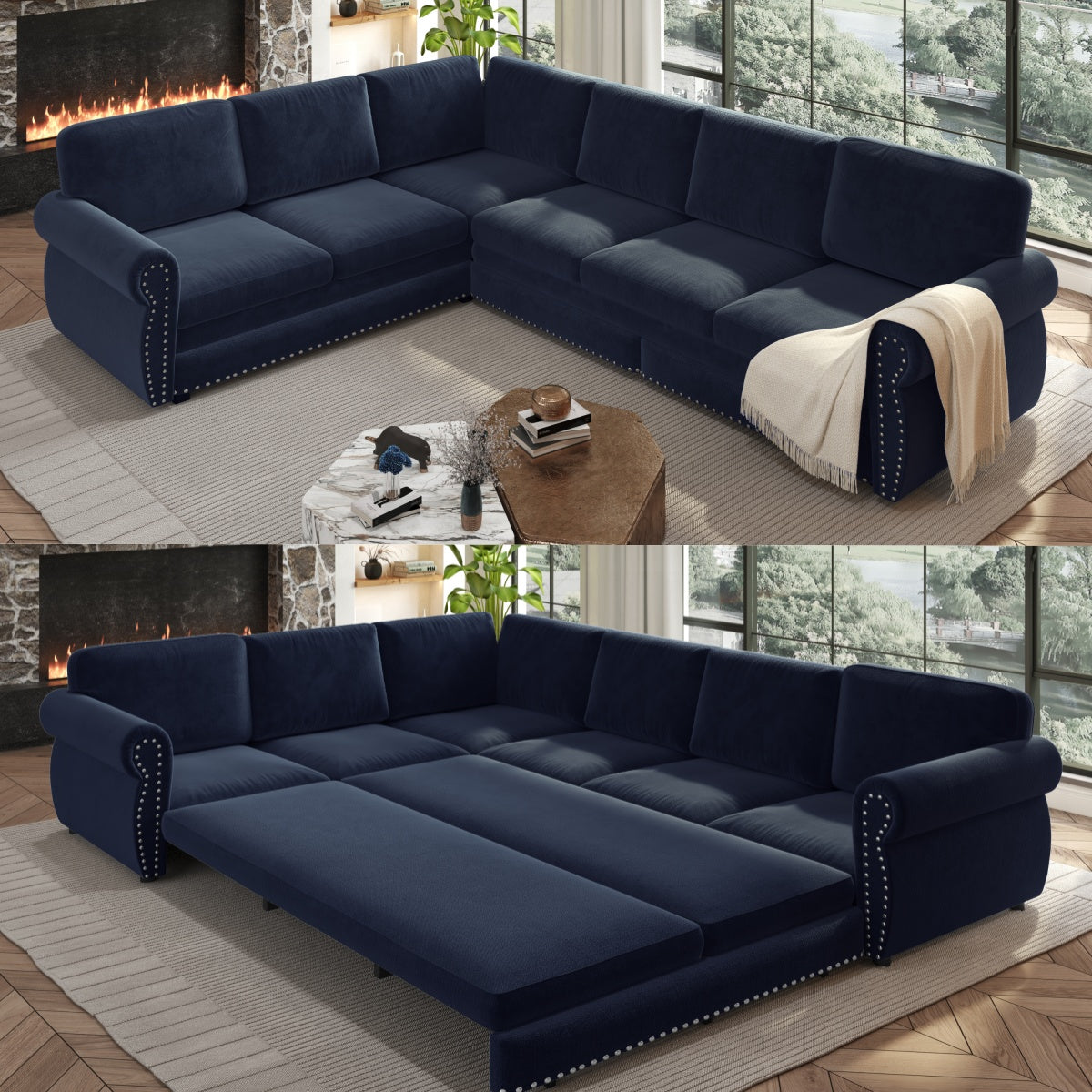 118" Oversized Convertible Sleeper Sofa with Nailhead Trim, L-Shaped Couch