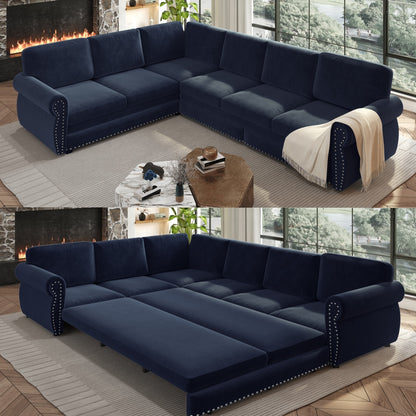 118" Oversized Convertible Sleeper Sofa with Nailhead Trim, L-Shaped Couch