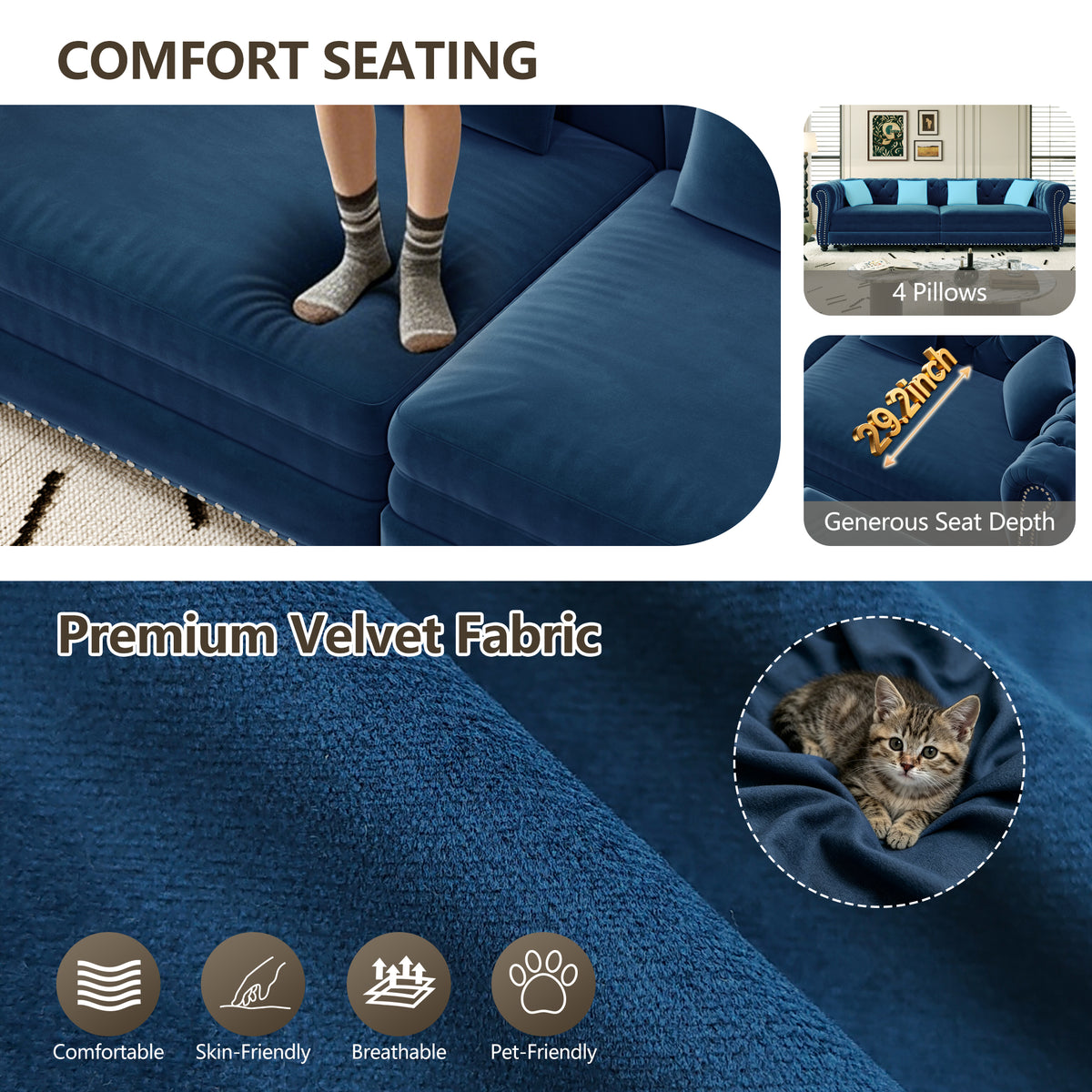 89" 3-Seater Velvet Chesterfield Sofa Bed with Movable Ottoman