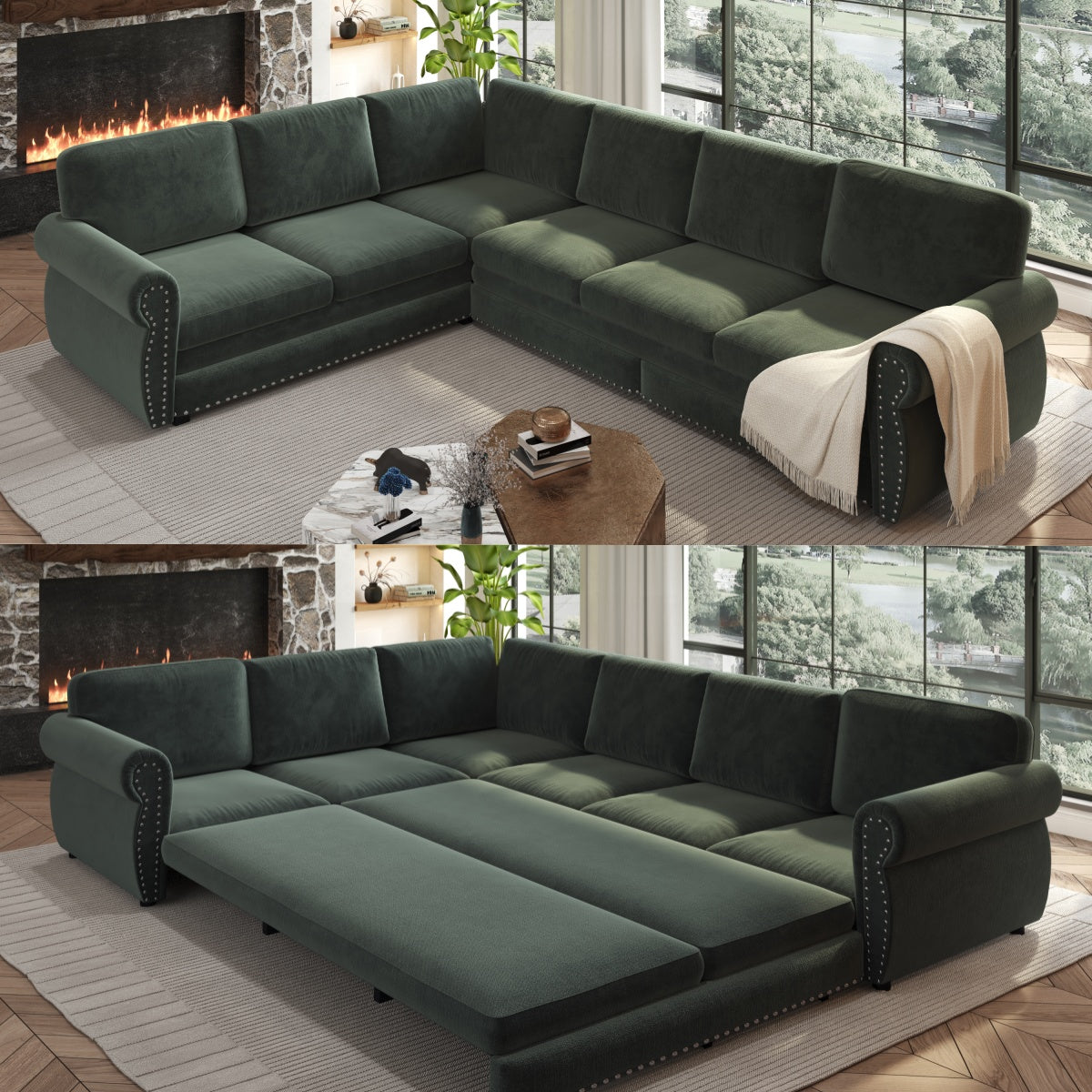 118" Oversized Convertible Sleeper Sofa with Nailhead Trim, L-Shaped Couch