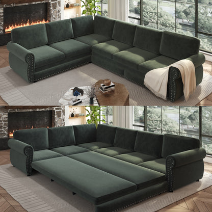 118" Oversized Convertible Sleeper Sofa with Nailhead Trim, L-Shaped Couch