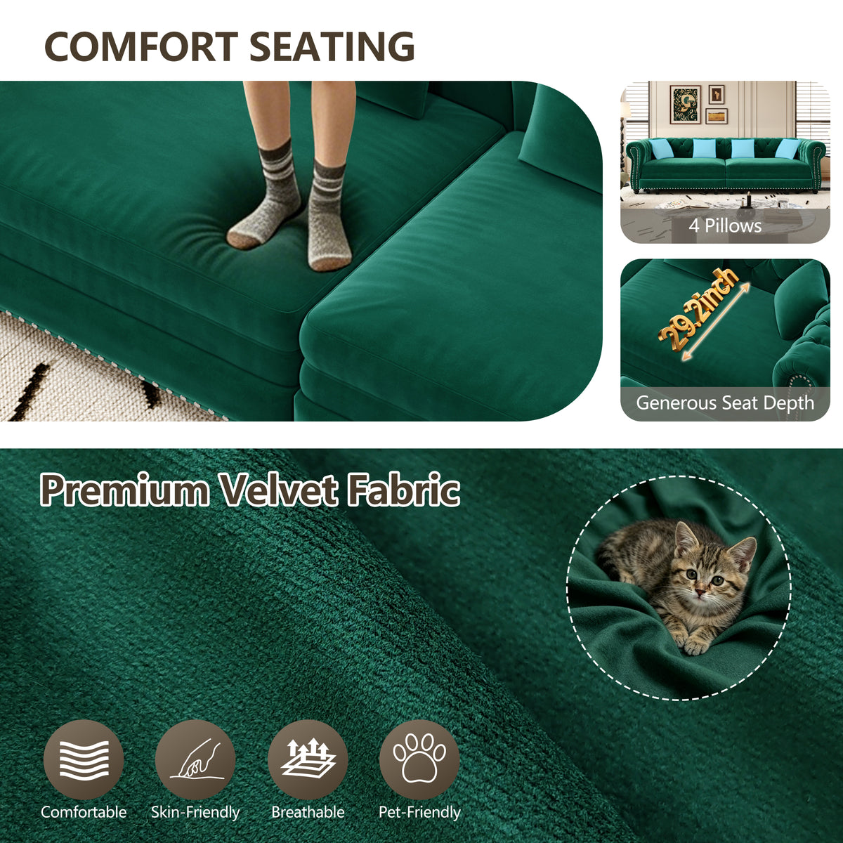 89" 3-Seater Velvet Chesterfield Sofa Bed with Movable Ottoman