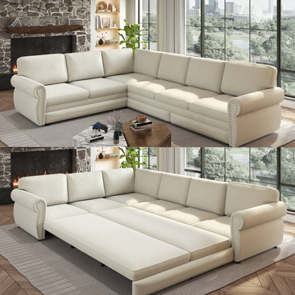 L-Shaped Chenille Sectional Sofa with Pull-Out Bed & Rolled Arm
