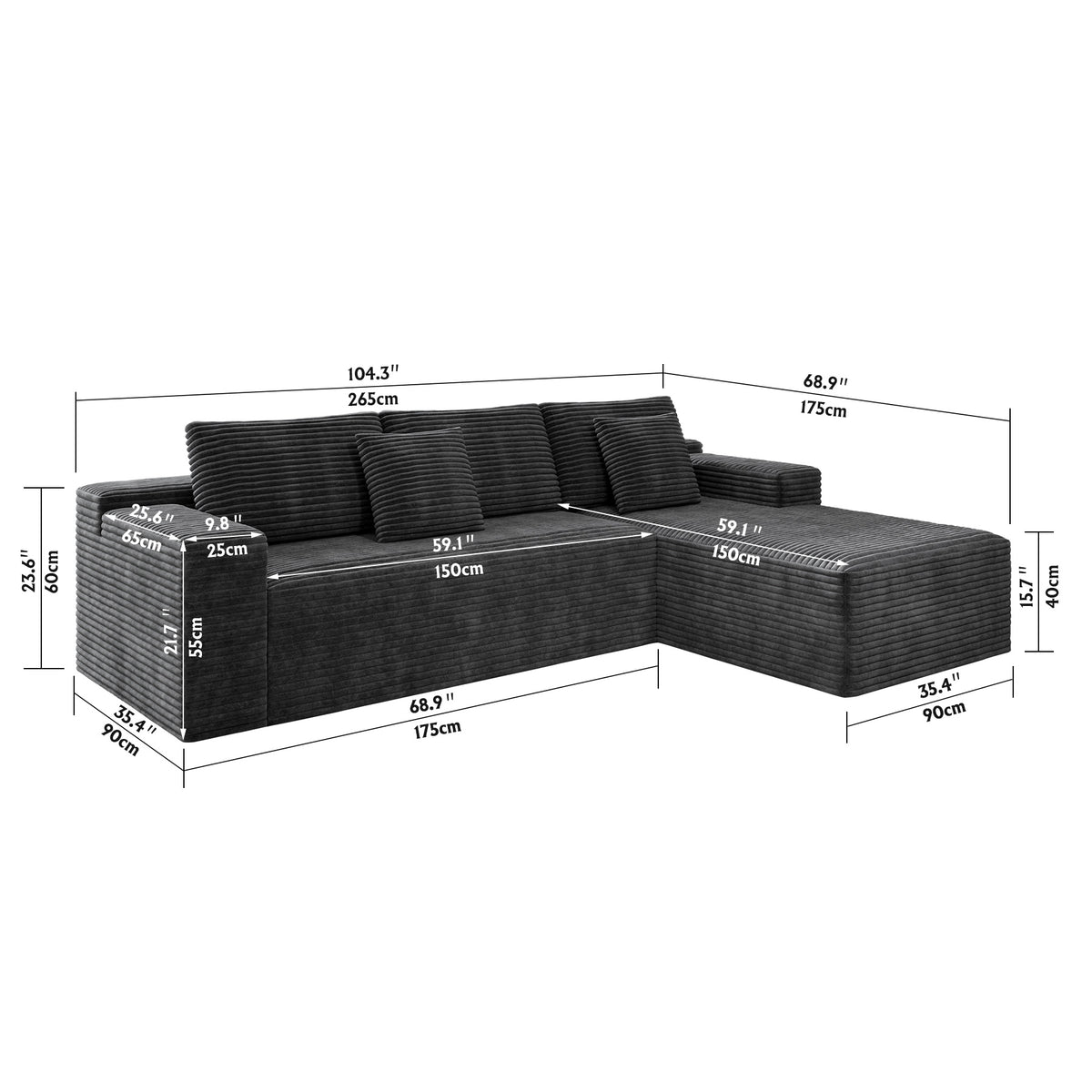 Compressed Modular Sofa Seat, Corduroy Upholstered Couch for Living Room & Bedroom
