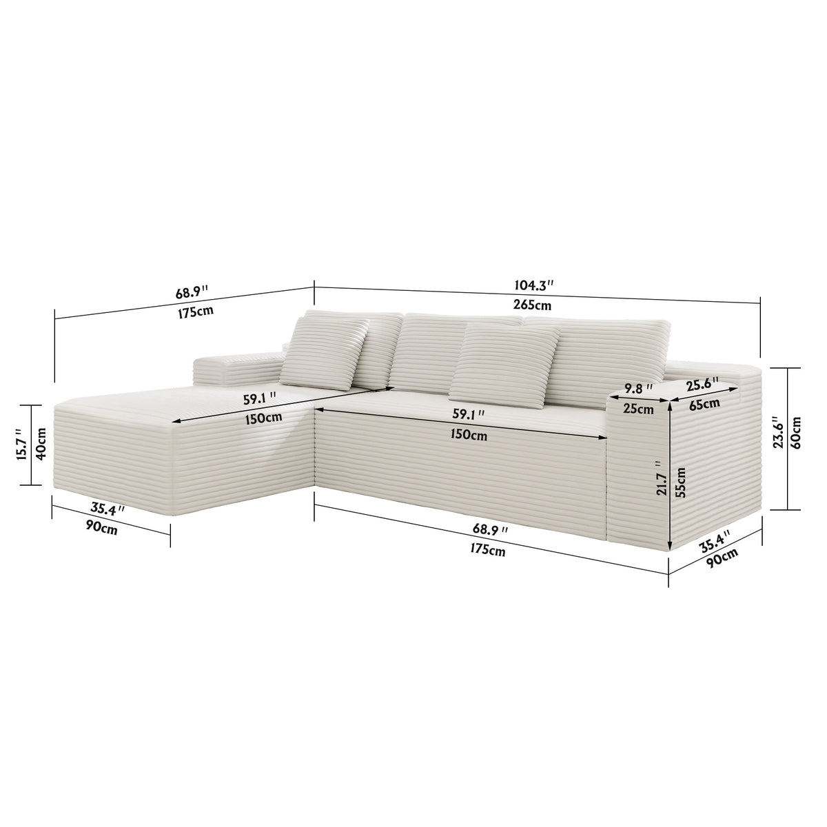 2PC Modular Sectional Sofa, Plush Corduroy Upholstered Couch, No Assembly