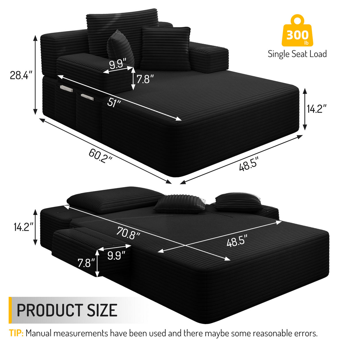 Oversized Plush Corduroy Chaise Lounge Sofa, Convertible Sleeper Couch Bed with Storage Pockets & 3 Pillows