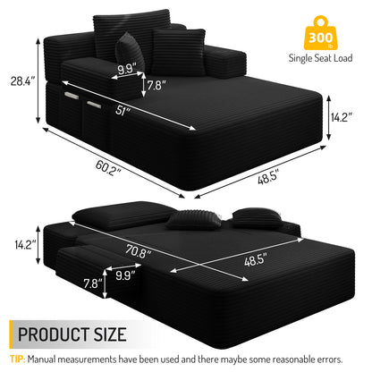 Oversized Plush Corduroy Chaise Lounge Sofa, Convertible Sleeper Couch Bed with Storage Pockets & 3 Pillows