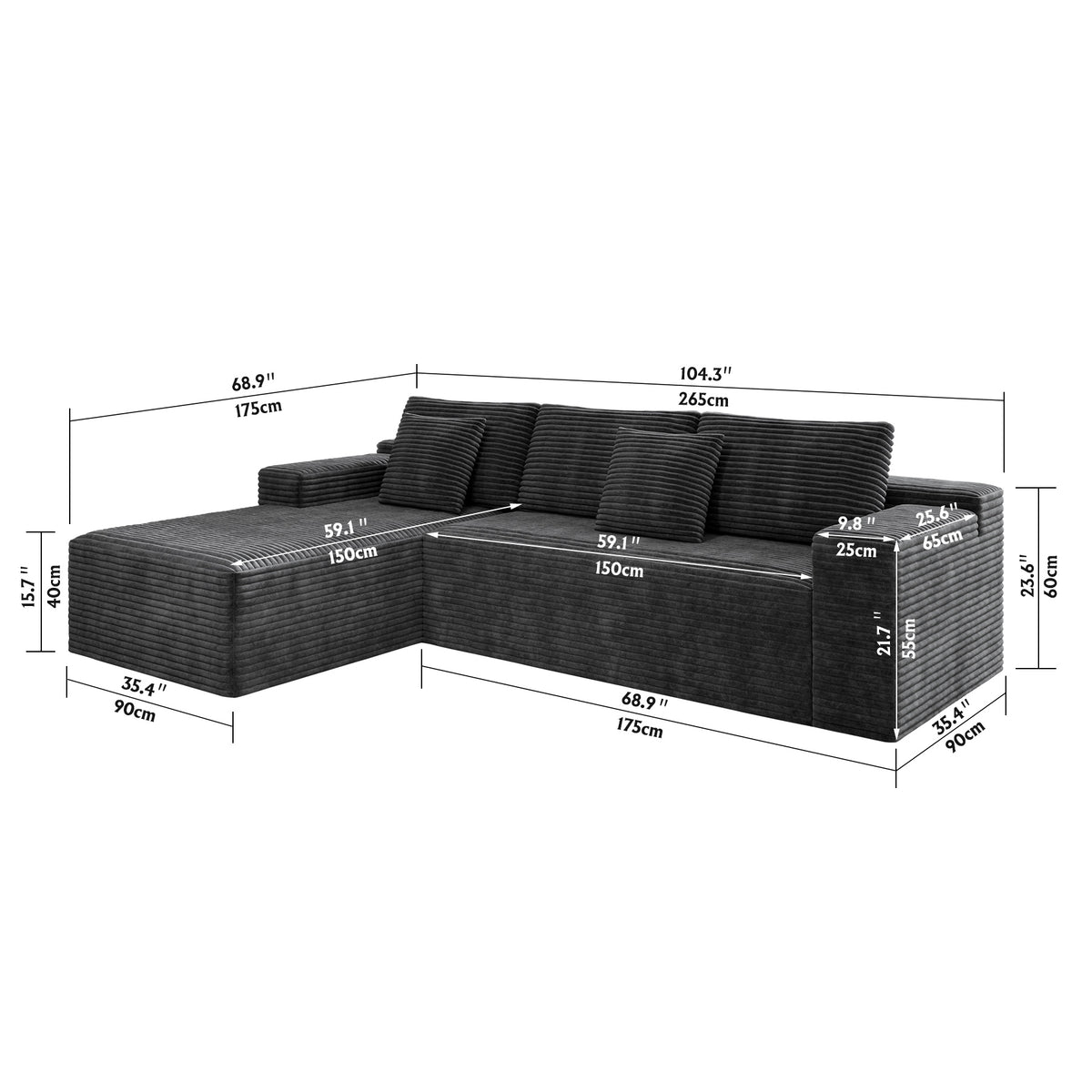 2PC Modular Sectional Sofa, Plush Corduroy Upholstered Couch, No Assembly