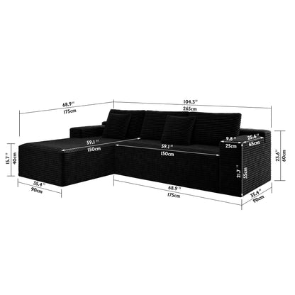 2PC Modular Sectional Sofa, Plush Corduroy Upholstered Couch, No Assembly