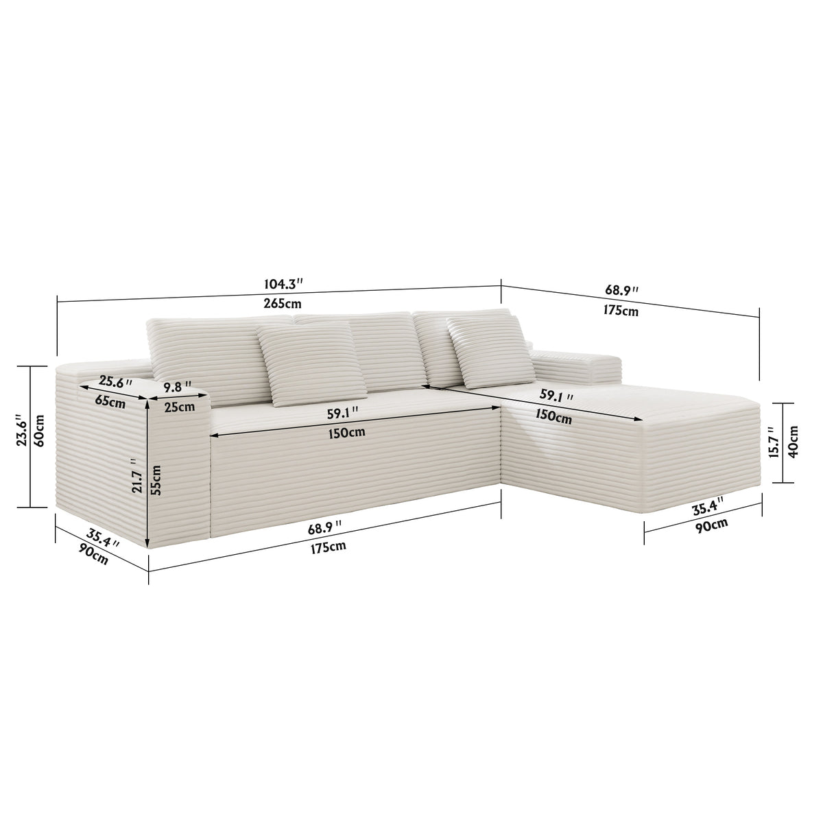 Compressed Modular Sofa Seat, Corduroy Upholstered Couch for Living Room & Bedroom