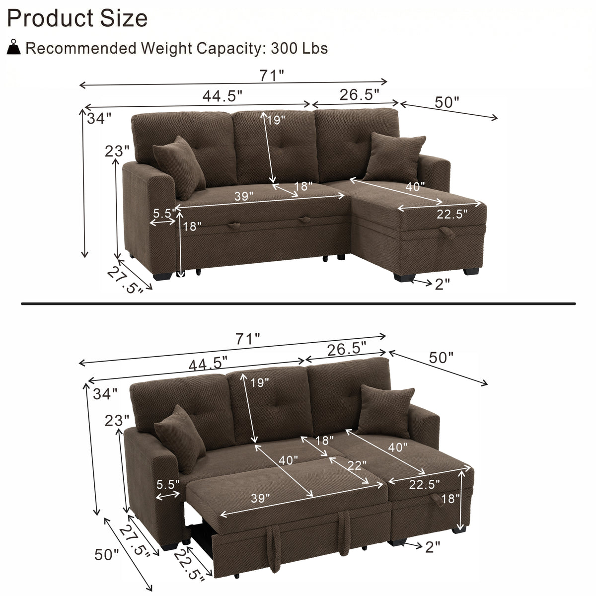 Convertible Sofa Bed with Reversible Chaise, Storage & Breathable Fabric