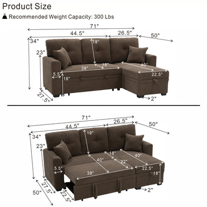 Convertible Sofa Bed with Reversible Chaise, Storage & Breathable Fabric