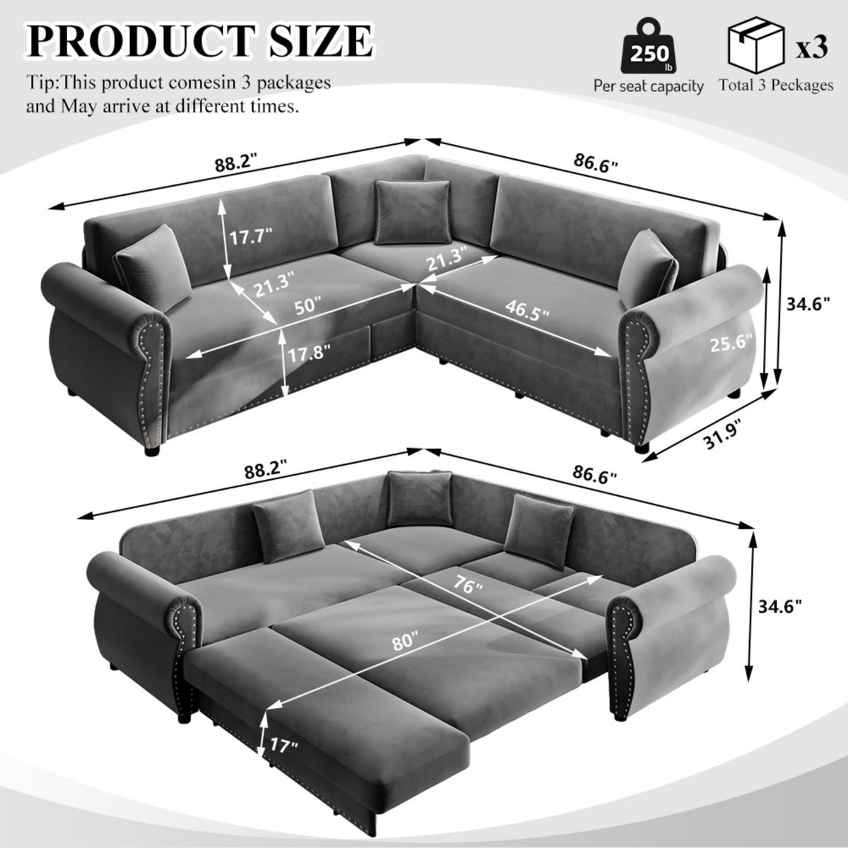 88.2" L-Shaped Chenille Sectional Sofa with Pull-Out Bed & Rolled Arm