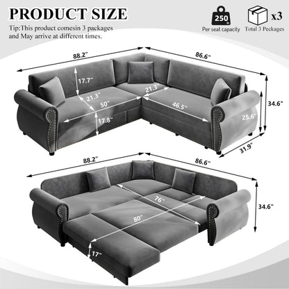 88.2" L-Shaped Chenille Sectional Sofa with Pull-Out Bed & Rolled Arm