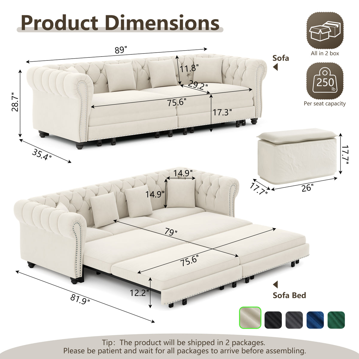 89" 3-Seater Velvet Chesterfield Sofa Bed with Movable Ottoman