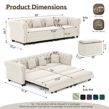 89" 3-Seater Velvet Chesterfield Sofa Bed with Movable Ottoman